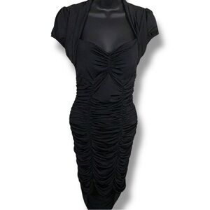 Vintage Y2K Vizio Small Ruched Black Bodycon Dress Fitted Goth Vampy Sweetheart